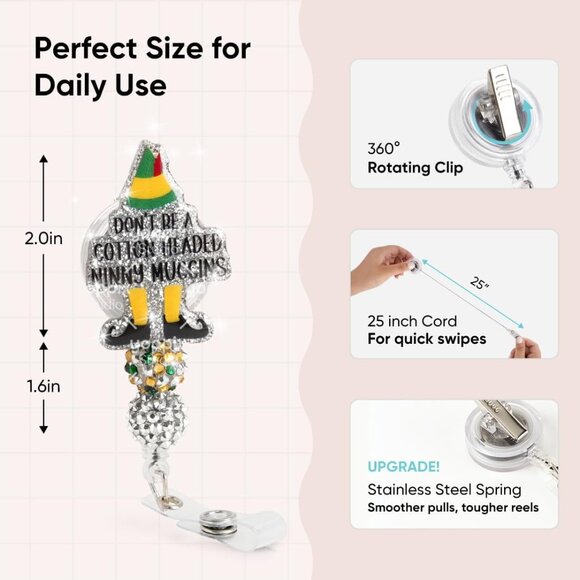 Christmas Badge Reel, Christmas Elf Sparkly Glitter Retractable Badge Reel for N - Picture 5 of 6